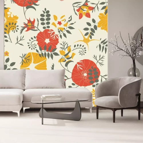 Fotobehang Een plantenpatroon met klaprozen en hibiscussen