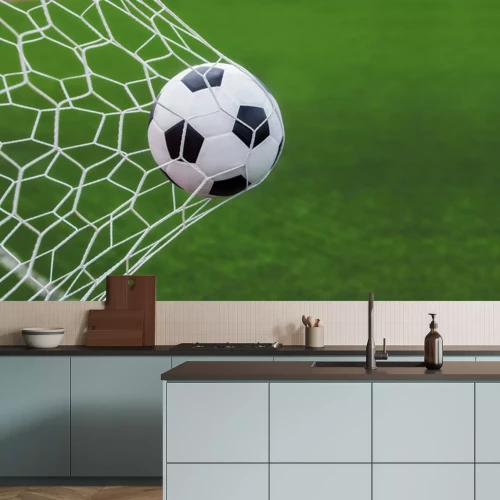 Sticker Voetbal bal in doel met groene backgroung