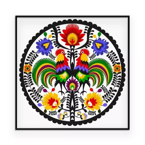 Poster Rond patroon met folkloristisch ornament met hanen.