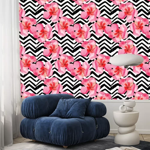 Behang tropische hibiscus aquarel patroon, zwarte en witte achtergrond