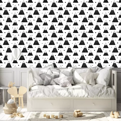 Behang Naadloos patroon met geometrische besneeuwde bergen en de sterren. Zwart en wit aard illustratie. Schattig bergen achtergrond.