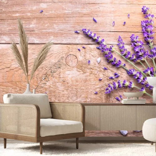 Sticker Lavendel op hout met kiezels