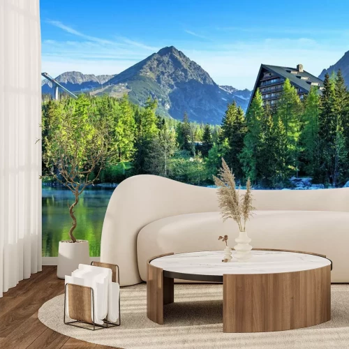 Fotobehang Panorama van bergen en meer