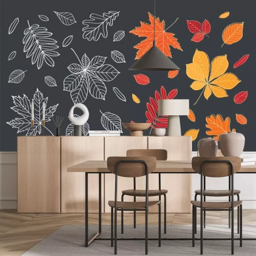 Sticker Vallen van de bladeren. Herfstbladeren worden getekend met krijt op zwarte schoolbord. Set van verschillende bladeren van de bomen. Schets, design elementen. Vector illustratie.