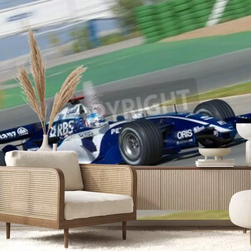 Fotobehang Blauw-witte formule 1 auto