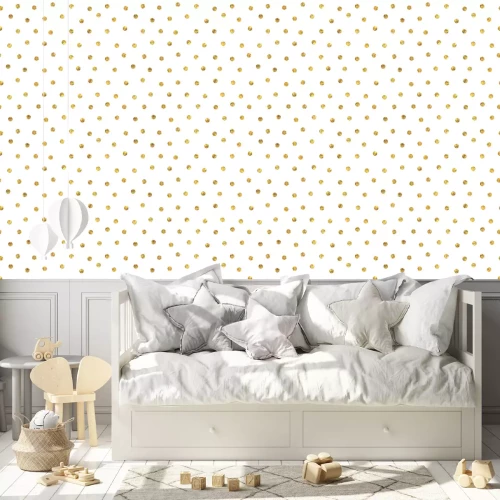 Behang Wit patroon met stippen in imitatiegoud