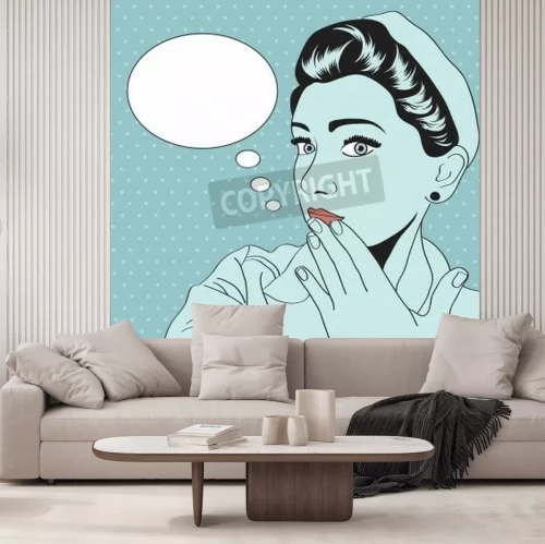 Fotobehang Pop art vrouw op blauwe achtergrond