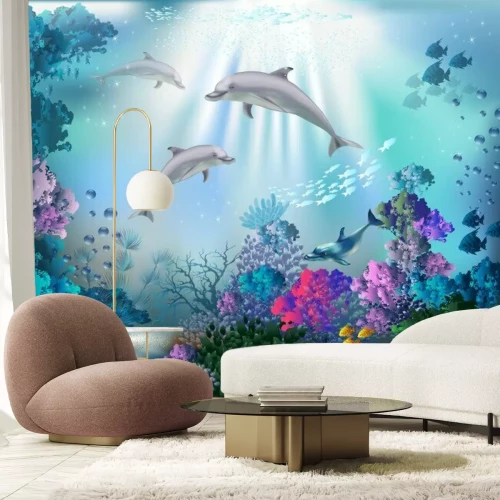 Fotobehang Sprookjesachtige dolfijnen en koraalrif