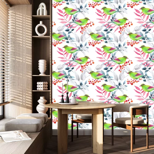 Behang Groene vogel op de achtergrond van rode bladeren