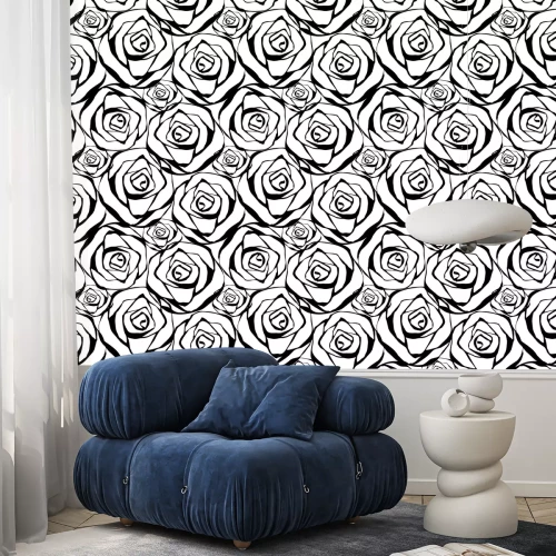 Behang Zwarte omtrek van roze bloemen witte achtergrond