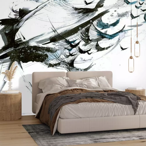 Fotobehang Zwarte figuur van een ballerina met vogels op een witte achtergrond