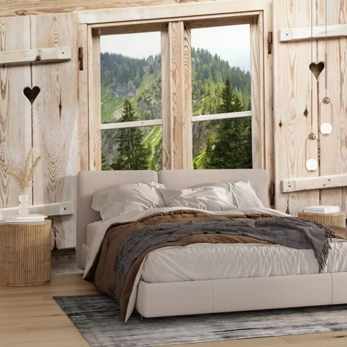 Fotobehang Houten raam met bergen reflecties