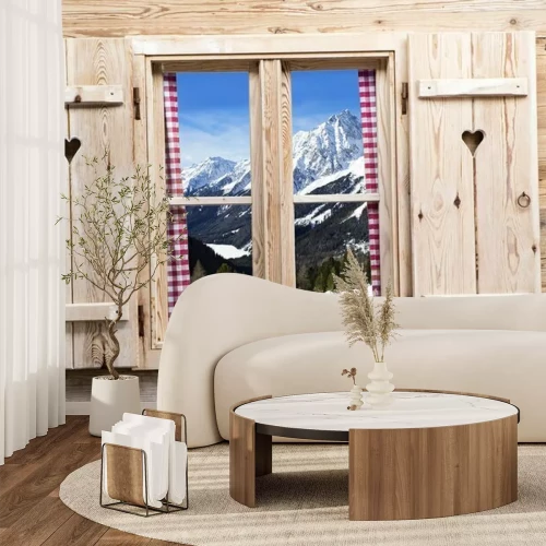 Fotobehang Houten raam met besneeuwde berg reflecties