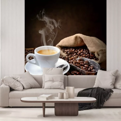 Fotobehang Een kopje espresso en een zakje koffie