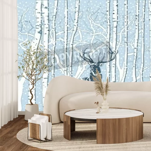 Fotobehang Grafische berken en een hert