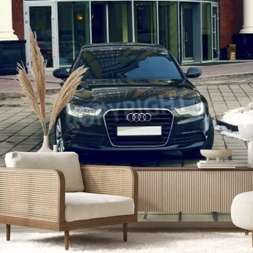 Fotobehang Luxe auto op de gevel van het kantoorgebouw