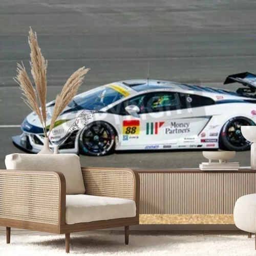 Fotobehang BURIRAM - 20 Juni: Chonsawat Asavahame en Tomas Enge met Lamborghini racewagen, GT300 QualiFlying, op het display van de 2015 Autobacs Super GT Series Race 3 op 20 juni 2015 Chang International Racing