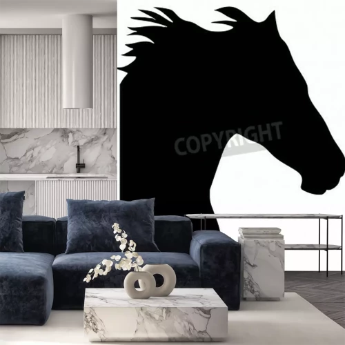 Fotobehang Zwart-wit silhouet van paard