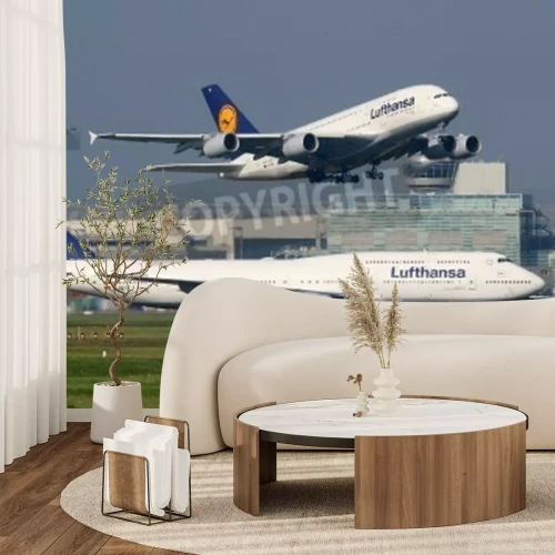 Fotobehang Frankfurt, Germany - September 17, 2014: Lufthansa Airbus A380 and Boeing 747 aircraft at Frankfurt Airport (FRA). Lufthansa is the German flag carrier and Europe's largest airline with some 665 plane
