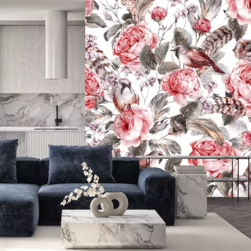 Sticker Shabby chic bloemenpatroon met vogels