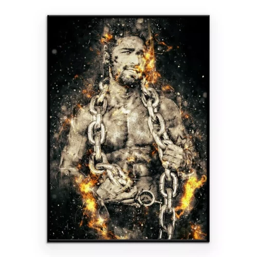Poster Gespierde atleet met ketting en vlammen