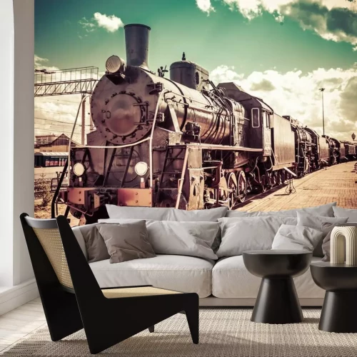 Fotobehang Een oude locomotief op een retrofoto