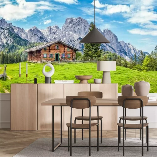 Fotobehang Een houten huisje in de pittoreske Alpen