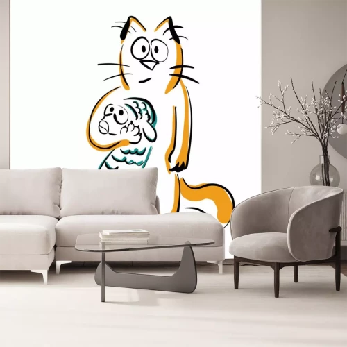 Sticker Afbeeldingen van een kat met een vis in zijn poten