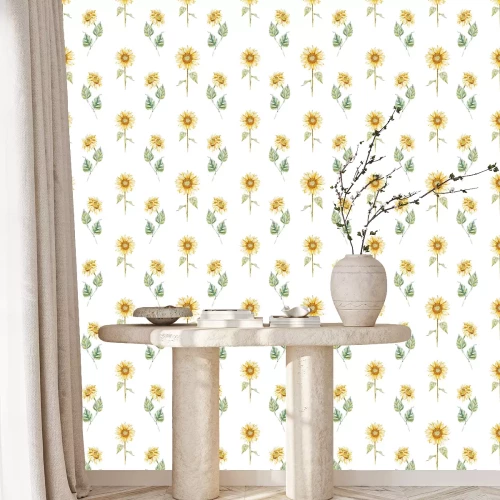 Behang Retro zonnebloemen op een witte achtergrond