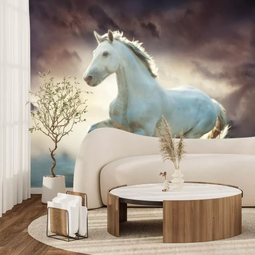 Fotobehang Wit paard in de mist