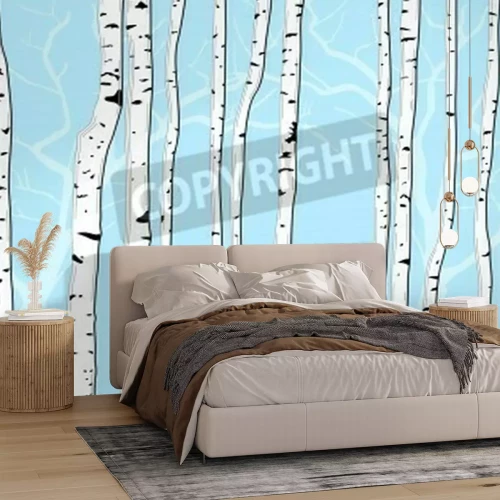 Fotobehang Grafische berken op een blauwe achtergrond