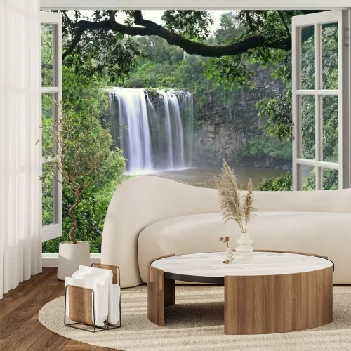 Fotobehang Uitzicht op de Dangar-watervallen vanuit een open raam