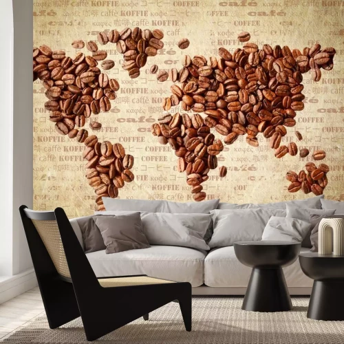 Fotobehang Koffiebonen die een wereldkaart vormen