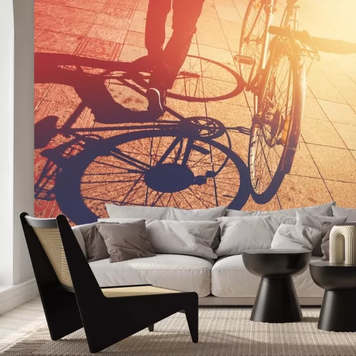 Sticker Schaduw op Bestrating, Man Duwen Fiets