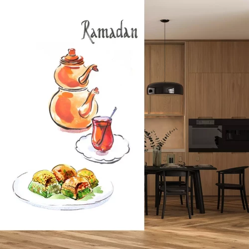 Sticker Aquarel Ramadan en Turkse thee met Turkse baklava