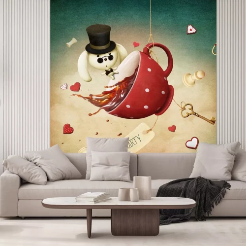 Sticker Illustratie van fantasie met rode kop thee en konijn