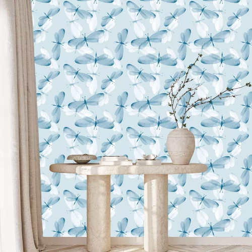 Behang Witte en blauwe vlinders op een blauwe achtergrond