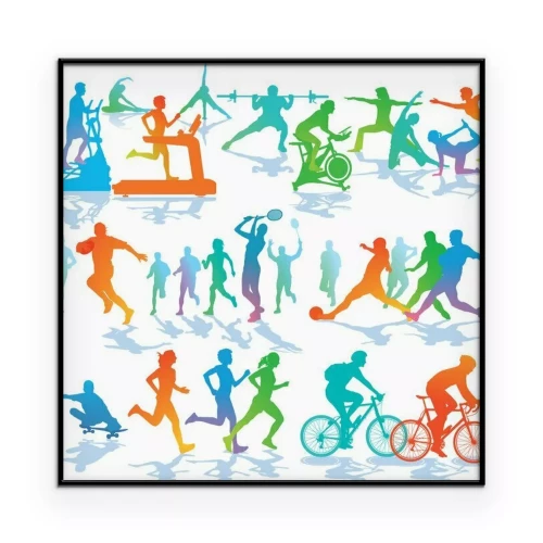 Poster Kleurrijke silhouetten van atleten op een witte achtergrond.