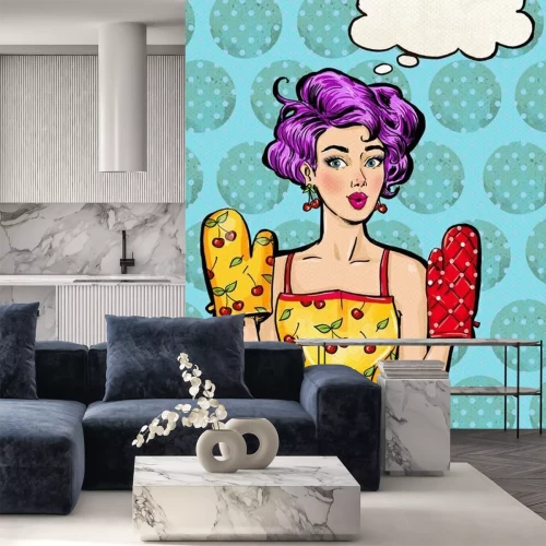 Fotobehang Kleurrijke tekening van een vrouw in een keuken in de stijl van pop-art
