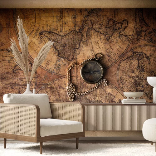 Fotobehang Verouderde wereldkaart met kompas