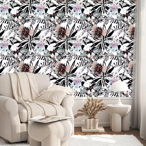 Behang Vlinders en bloemen op een zwart-witte achtergrond