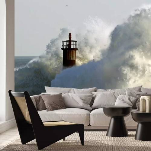 Fotobehang Vuurtoren bedolven door golven
