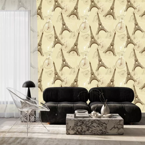 Behang patroon met de Eiffeltoren en fietsen