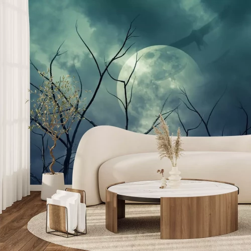 Sticker Spooky forest with full moon, dead trees, Halloween background