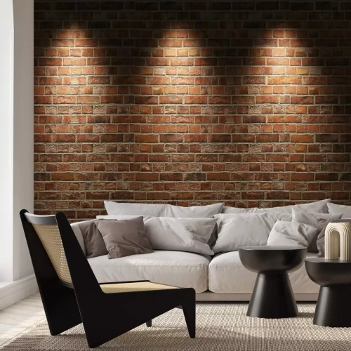 Fotobehang Verlichte rode bakstenen muur