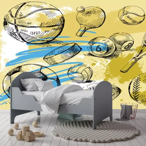 Sticker Schetsen van sportartikelen op een gele achtergrond