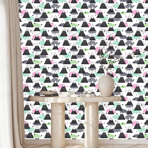 Behang Naadloos patroon met geometrische besneeuwde bergen, wolken en sterren. Grafische natuur illustratie. Abstracte bergen achtergrond.