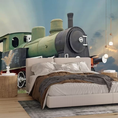 Sticker oude stoomlocomotief locomotief de trein op mooie hemel achtergrond