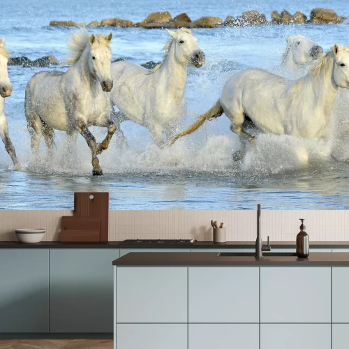 Fotobehang Paarden in zeegolven