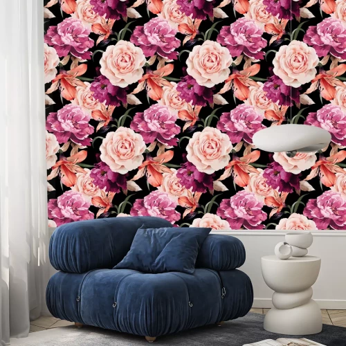 Behang Patroon met pioenen op zwarte achtergrond